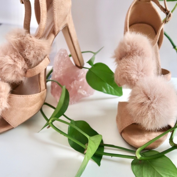 Light Pink Suede Heels with fluff balls - Picture 5 of 5
